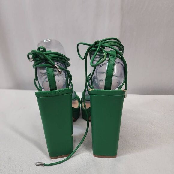 Steve Madden Manzie Green Lace Up Block Heel Squared Open Toe Heeled Sandals 9 - Picture 3 of 14